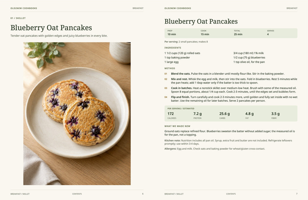 Sample recipe spread from Comfort Food, Made New: Blueberry Oat Pancakes breakfast recipe with photo, ingredients, directions and nutrition