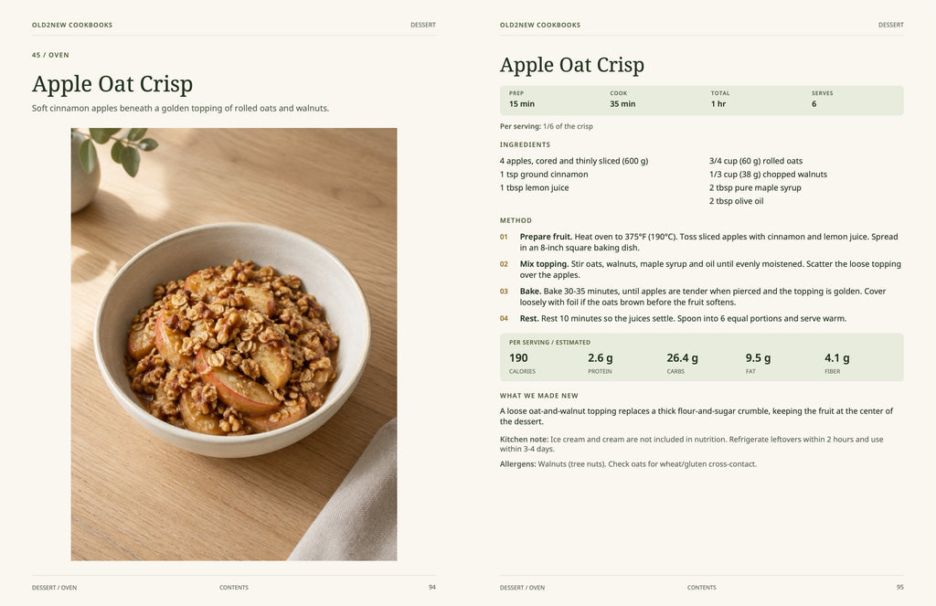 Sample recipe spread from Comfort Food, Made New: Apple Oat Crisp dessert recipe with photo, ingredients, directions and nutrition