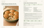 Sample recipe spread from Comfort Food, Made New: Golden Biscuit Chicken Pot Pie dinner recipe with photo, ingredients, directions and nutrition