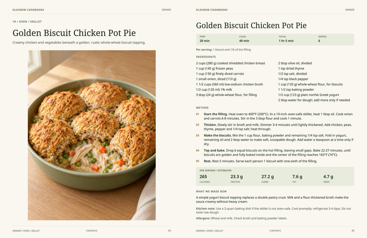 Sample recipe spread from Comfort Food, Made New: Golden Biscuit Chicken Pot Pie dinner recipe with photo, ingredients, directions and nutrition