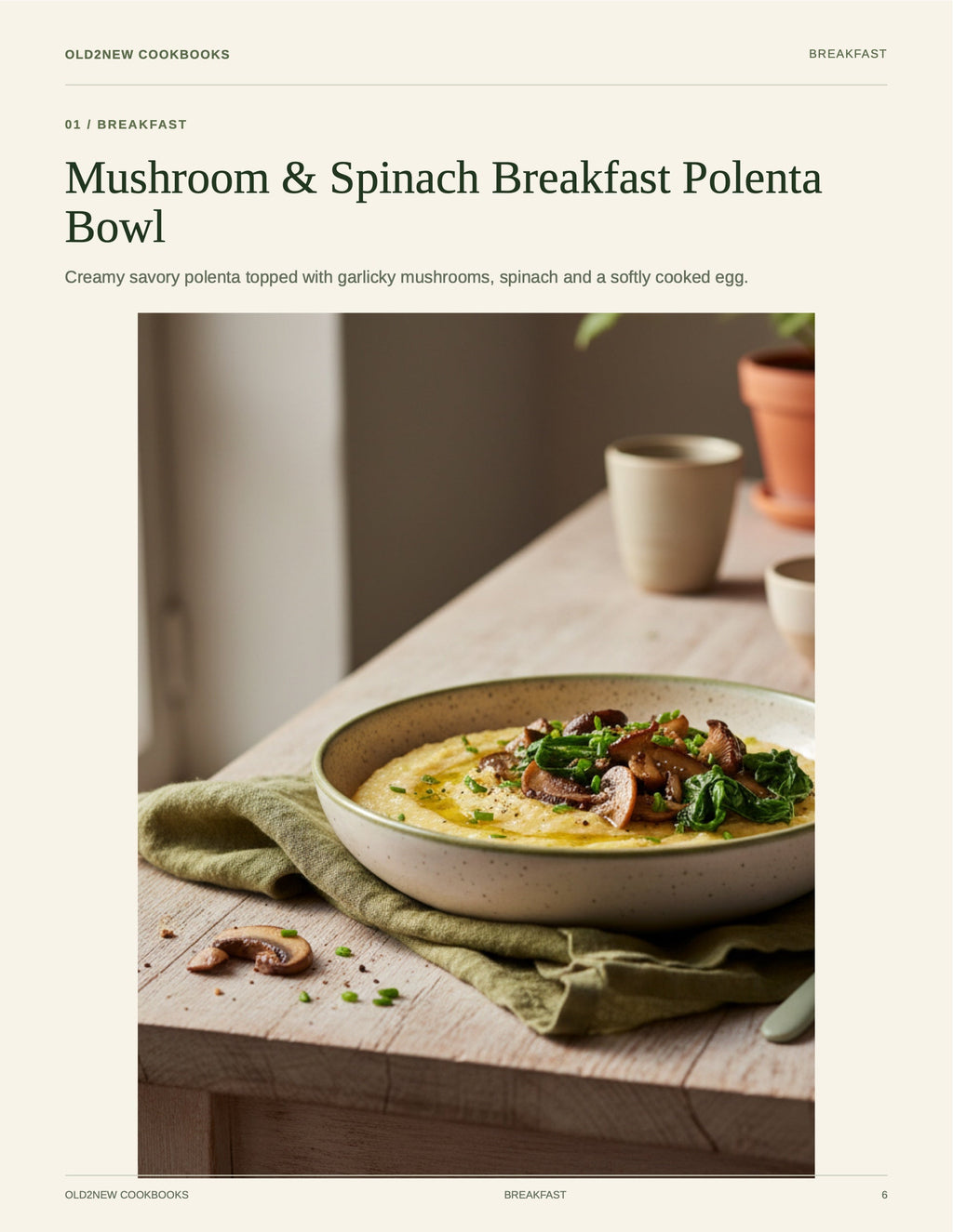 Mushroom & Spinach Breakfast Polenta Bowl — recipe page from the Diabetic-Friendly Favorites cookbook