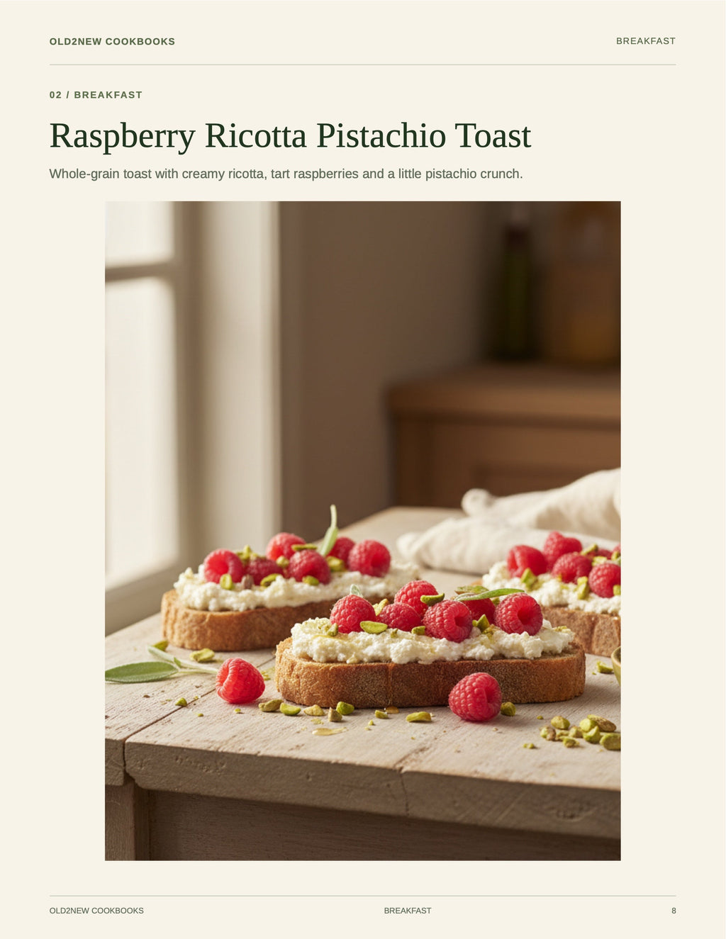 Raspberry Ricotta Pistachio Toast — recipe page from the Diabetic-Friendly Favorites cookbook