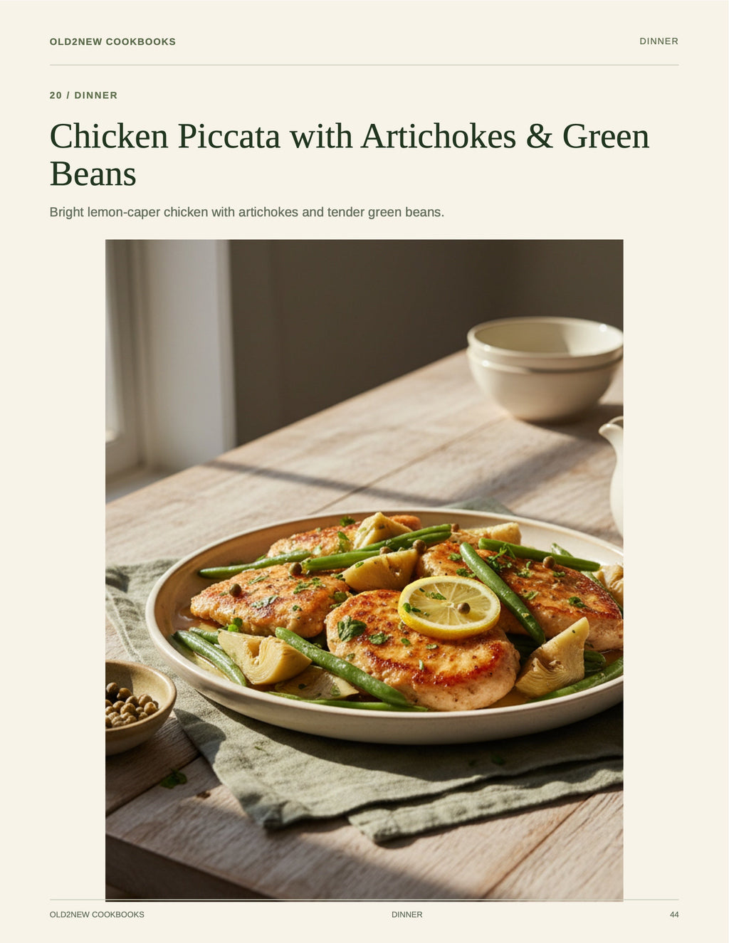 Chicken Piccata with Artichokes & Green Beans — recipe page from the Diabetic-Friendly Favorites cookbook
