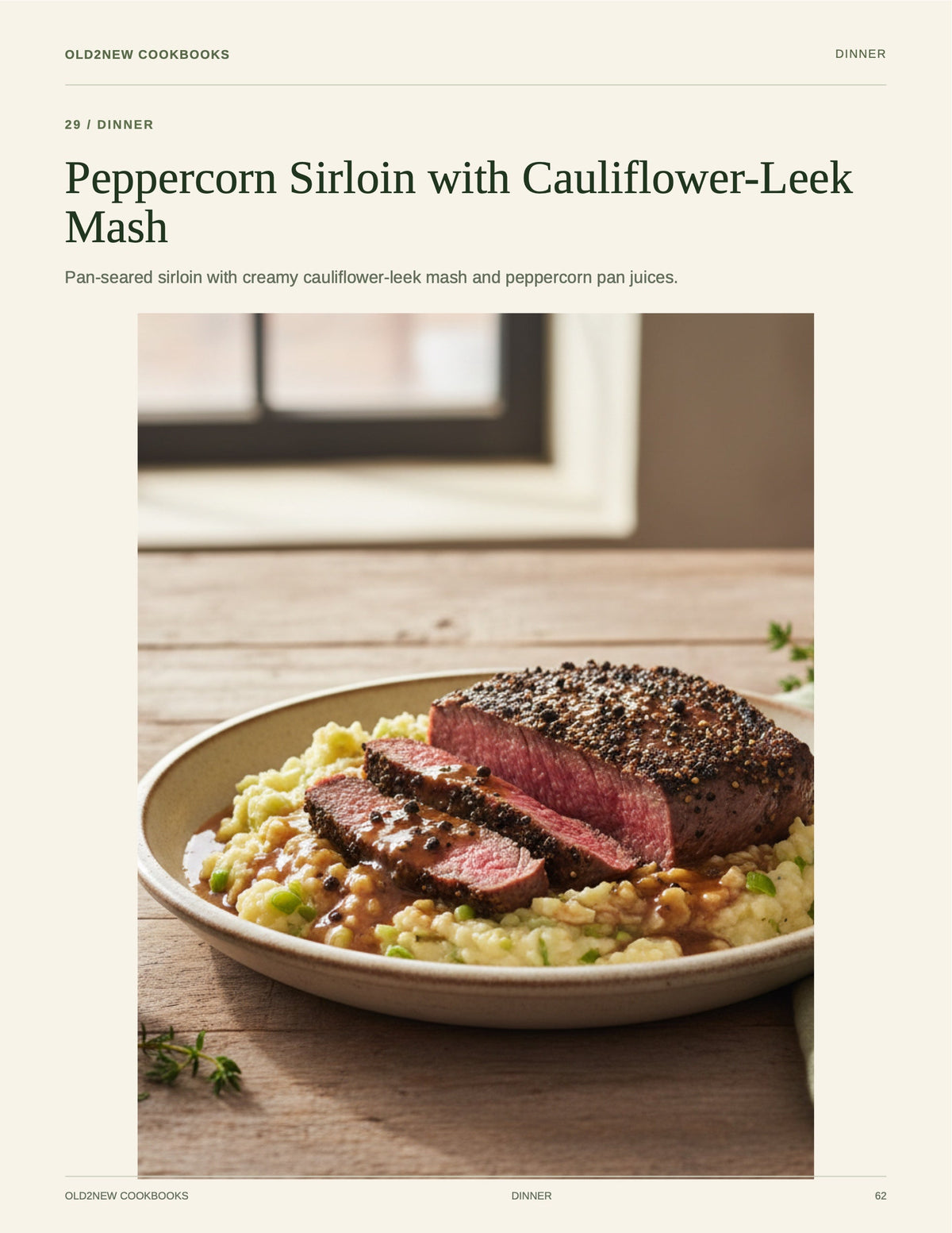 Peppercorn Sirloin with Cauliflower-Leek Mash — recipe page from the Diabetic-Friendly Favorites cookbook