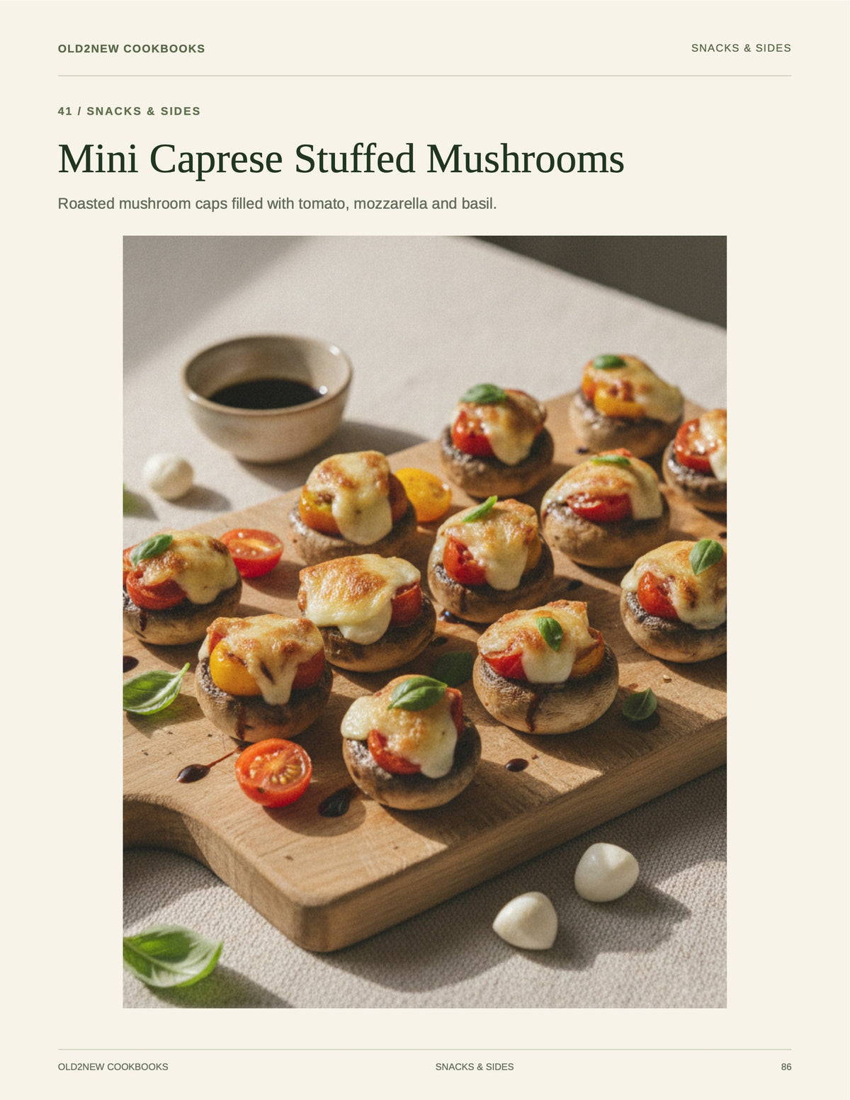 Mini Caprese Stuffed Mushrooms — recipe page from the Diabetic-Friendly Favorites cookbook
