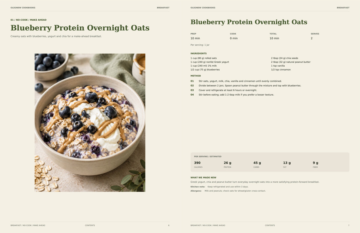 Sample recipe spread from High Protein, Made Simple: Blueberry Protein Overnight Oats breakfast recipe with photo, ingredients, directions and nutrition