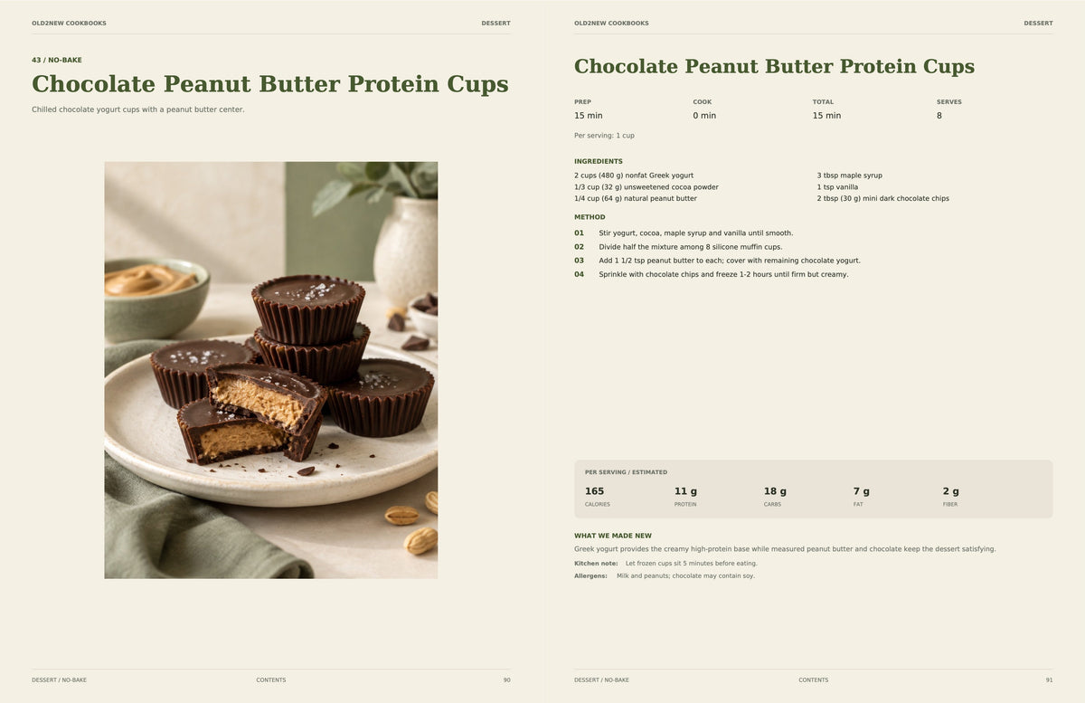Sample recipe spread from High Protein, Made Simple: Chocolate Peanut Butter Protein Cups dessert recipe with photo, ingredients, directions and nutrition
