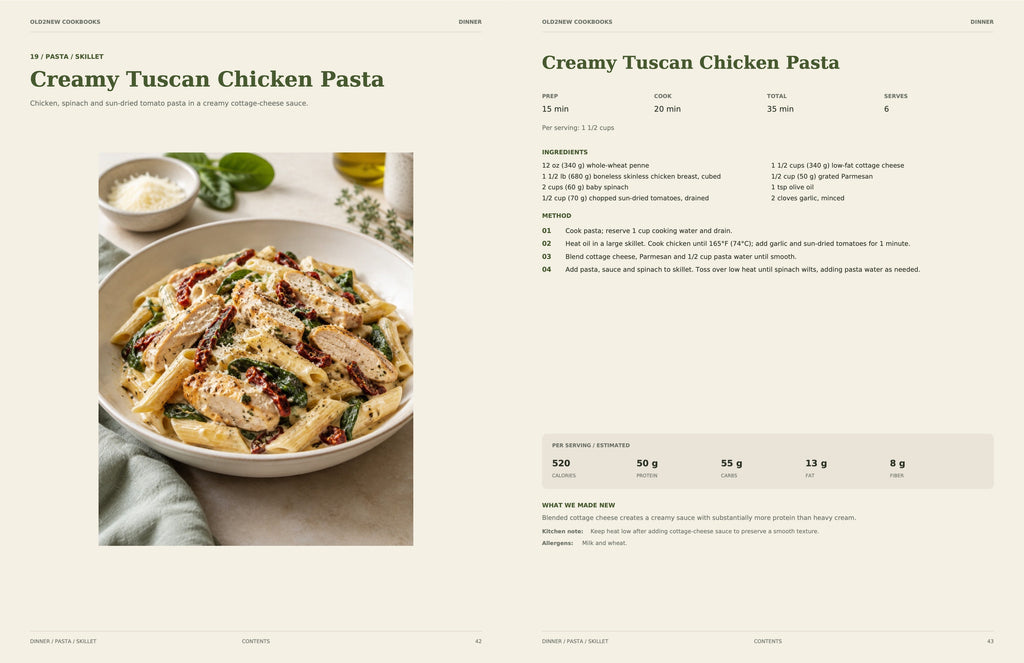 Sample recipe spread from High Protein, Made Simple: Creamy Tuscan Chicken Pasta dinner recipe with photo, ingredients, directions and nutrition