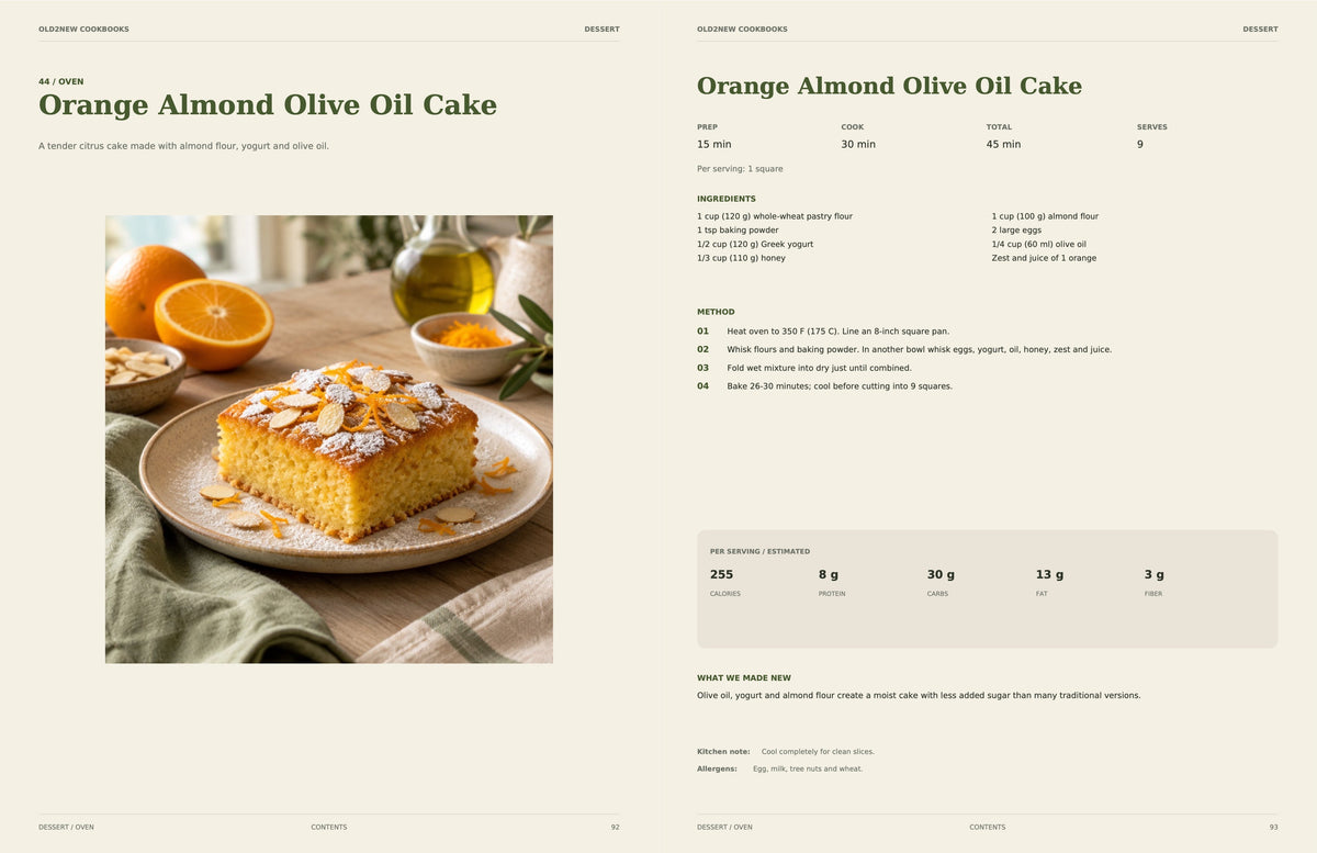 Sample recipe spread from Mediterranean Made Easy: Orange Almond Olive Oil Cake dessert recipe with photo, ingredients, directions and nutrition