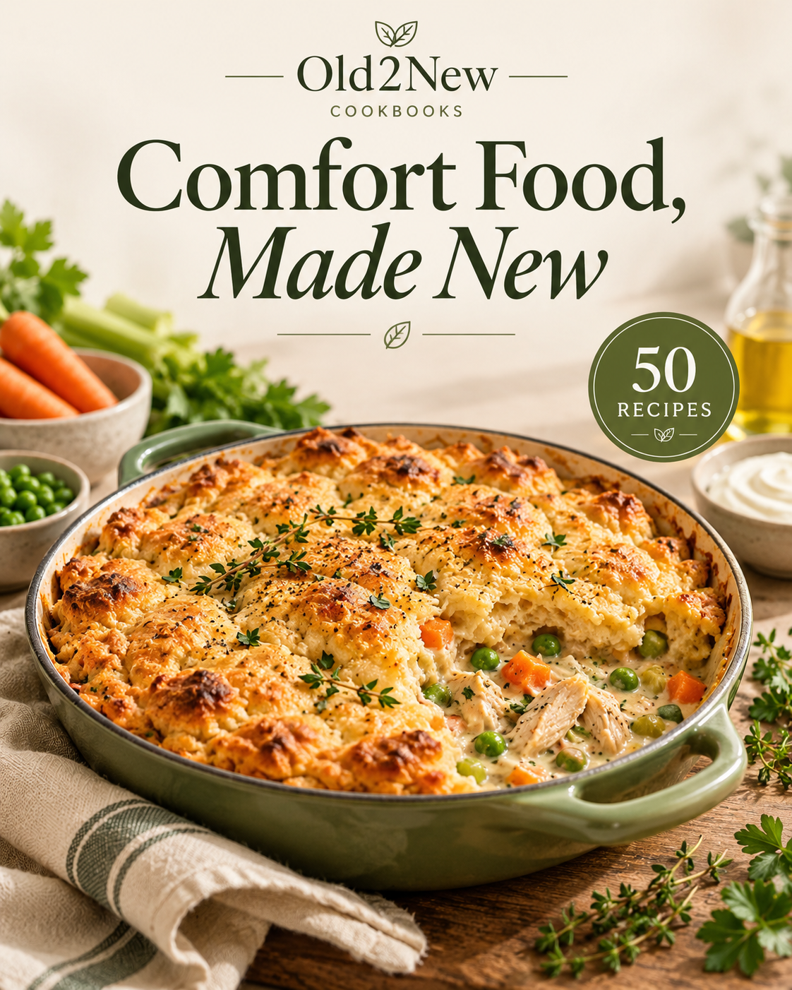 Comfort Food, Made New — planned 50-recipe Old2New Cookbooks cover featuring chicken pot pie.