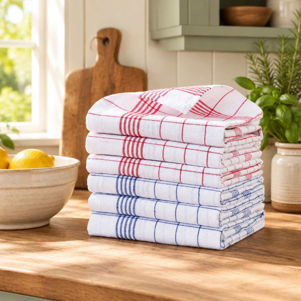 Classic plaid kitchen towels styled in a warm Old2New kitchen