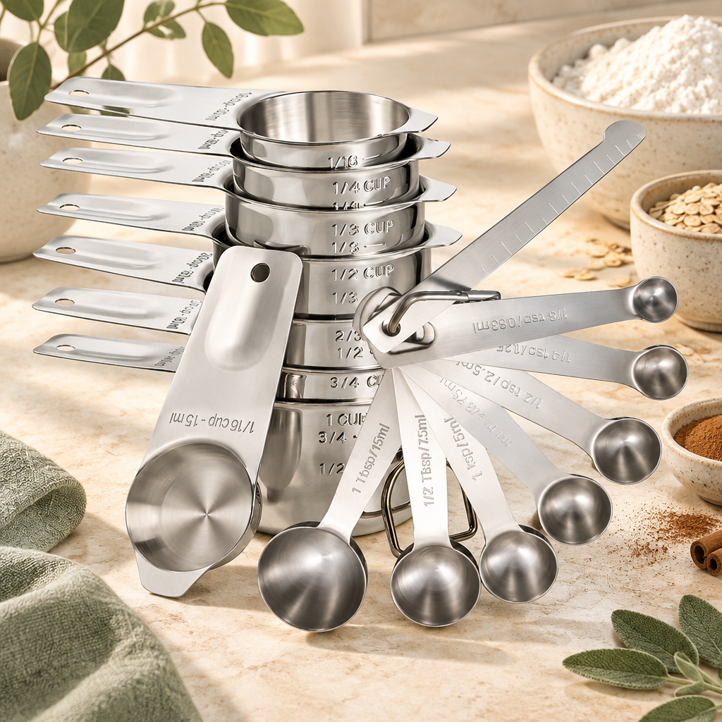 Stainless steel measuring cup and spoon set in a warm kitchen