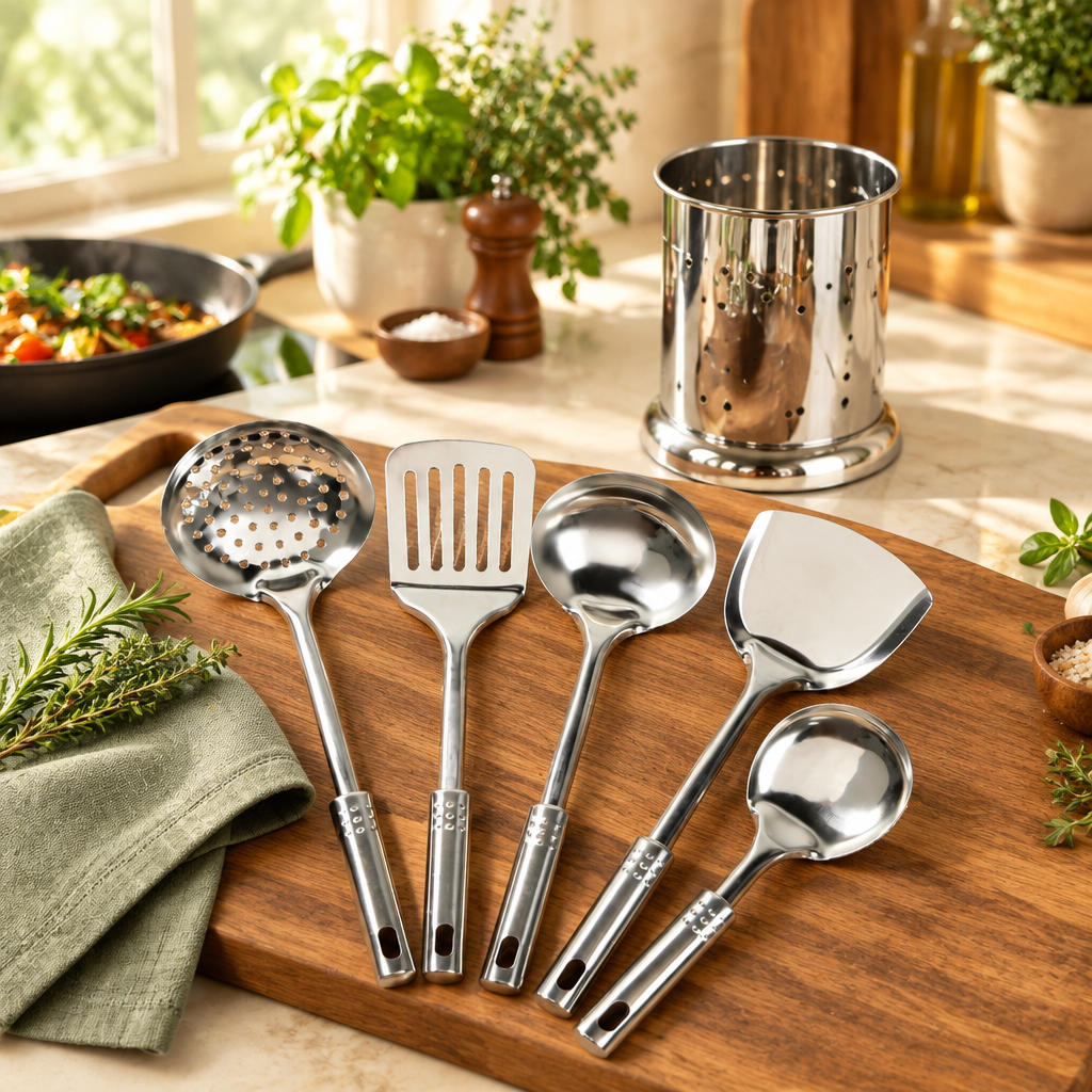 Stainless steel cooking utensil set in an Old2New kitchen