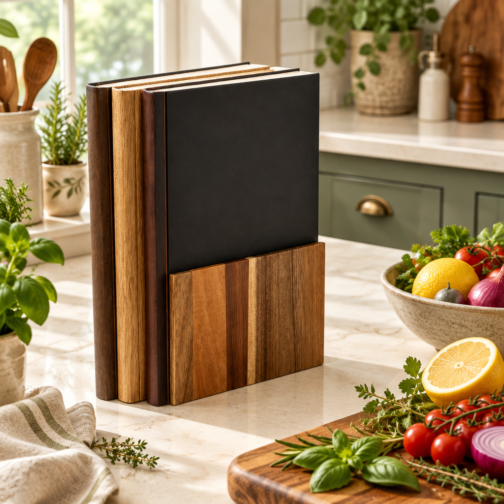 Three-piece book-style cutting board set in a warm kitchen