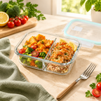 Divided glass meal prep container with a balanced meal