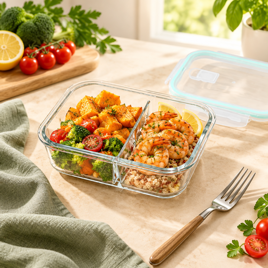 Divided glass meal prep container with a balanced meal