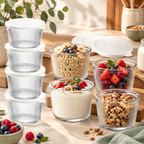 Ribbed glass prep bowls with lids styled for meal prep