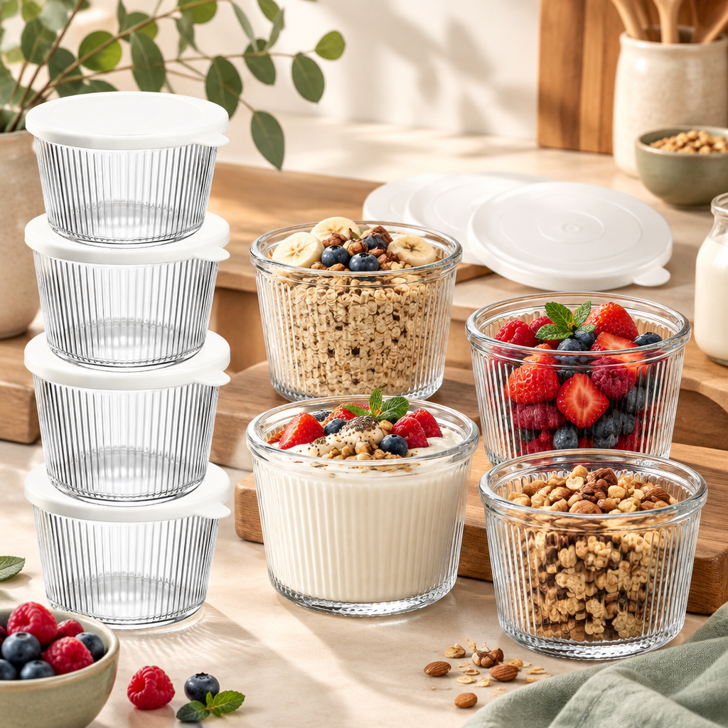 Ribbed glass prep bowls with lids styled for meal prep