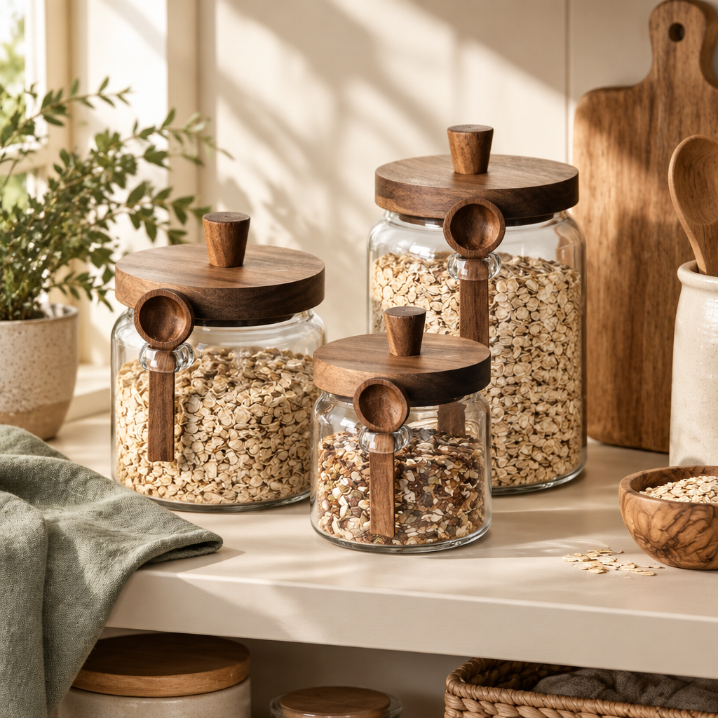 Glass pantry storage jar with wooden lid and scoop