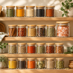 Glass spice jars with bamboo lids in a warm pantry