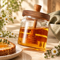 Glass honey jar with wooden lid and dipper