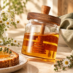 Glass honey jar with wooden lid and dipper